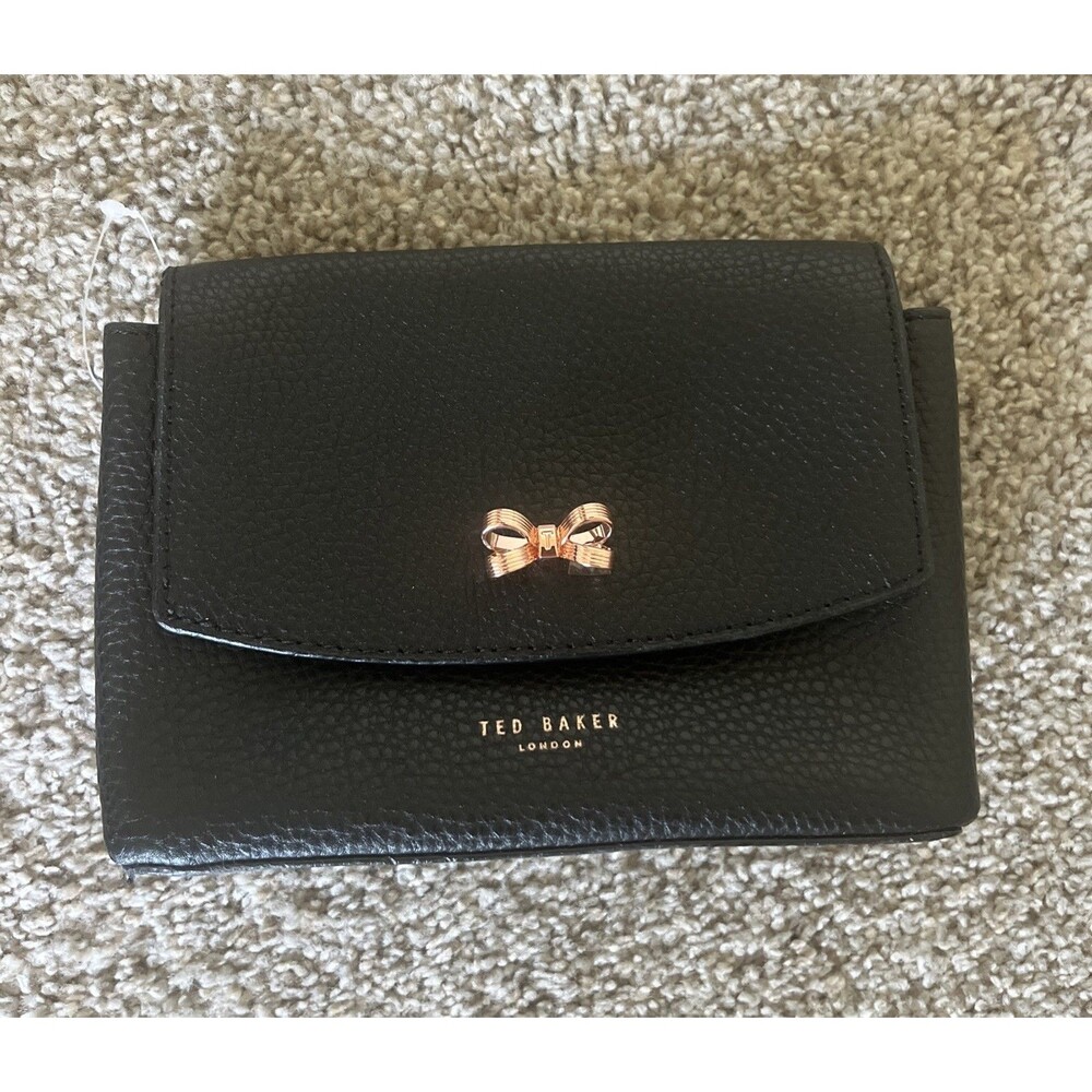 TED BAKER London Crossbody Purse Ribbon Emblem Black Leather No Strap Clutch